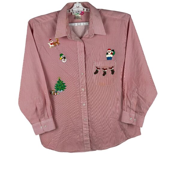 Vintage Hana Christmas-Themed Red & White Striped Womens Button-Up Shirt XL - Picture 1 of 8